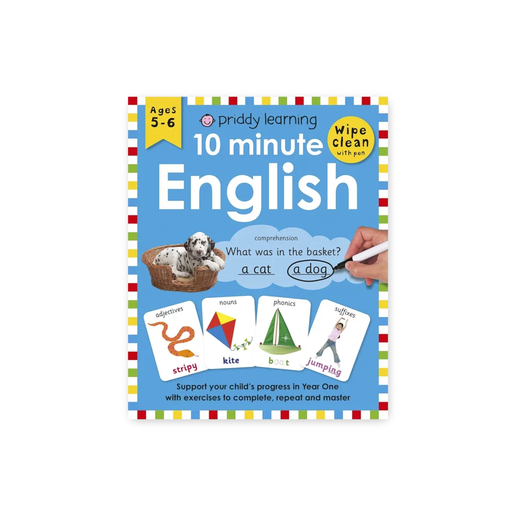 Okładka książki „10 Minute English” z kolorowymi ilustracjami i ścieralnymi ćwiczeniami do nauki angielskiego dla dzieci 5–6 lat