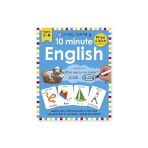 Okładka książki „10 Minute English” z kolorowymi ilustracjami i ścieralnymi ćwiczeniami do nauki angielskiego dla dzieci 5–6 lat