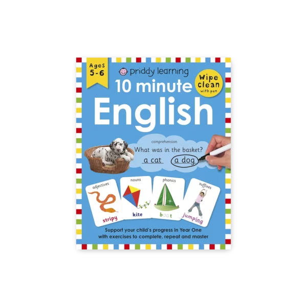Okładka książki „10 Minute English” z kolorowymi ilustracjami i ścieralnymi ćwiczeniami do nauki angielskiego dla dzieci 5–6 lat