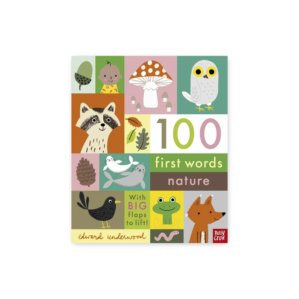 Okładka książki „100 First Words” z ilustracjami zwierząt, przedmiotów i pojazdów, z napisem „With BIG flaps to lift!”
