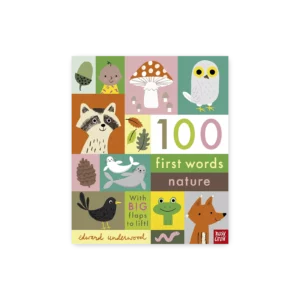 Okładka książki „100 First Words” z ilustracjami zwierząt, przedmiotów i pojazdów, z napisem „With BIG flaps to lift!”