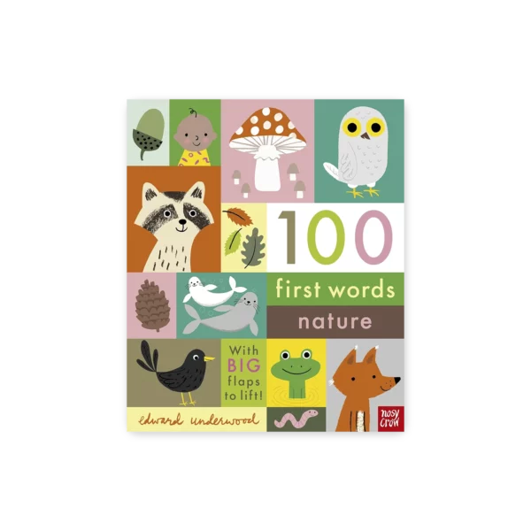 Okładka książki „100 First Words” z ilustracjami zwierząt, przedmiotów i pojazdów, z napisem „With BIG flaps to lift!”