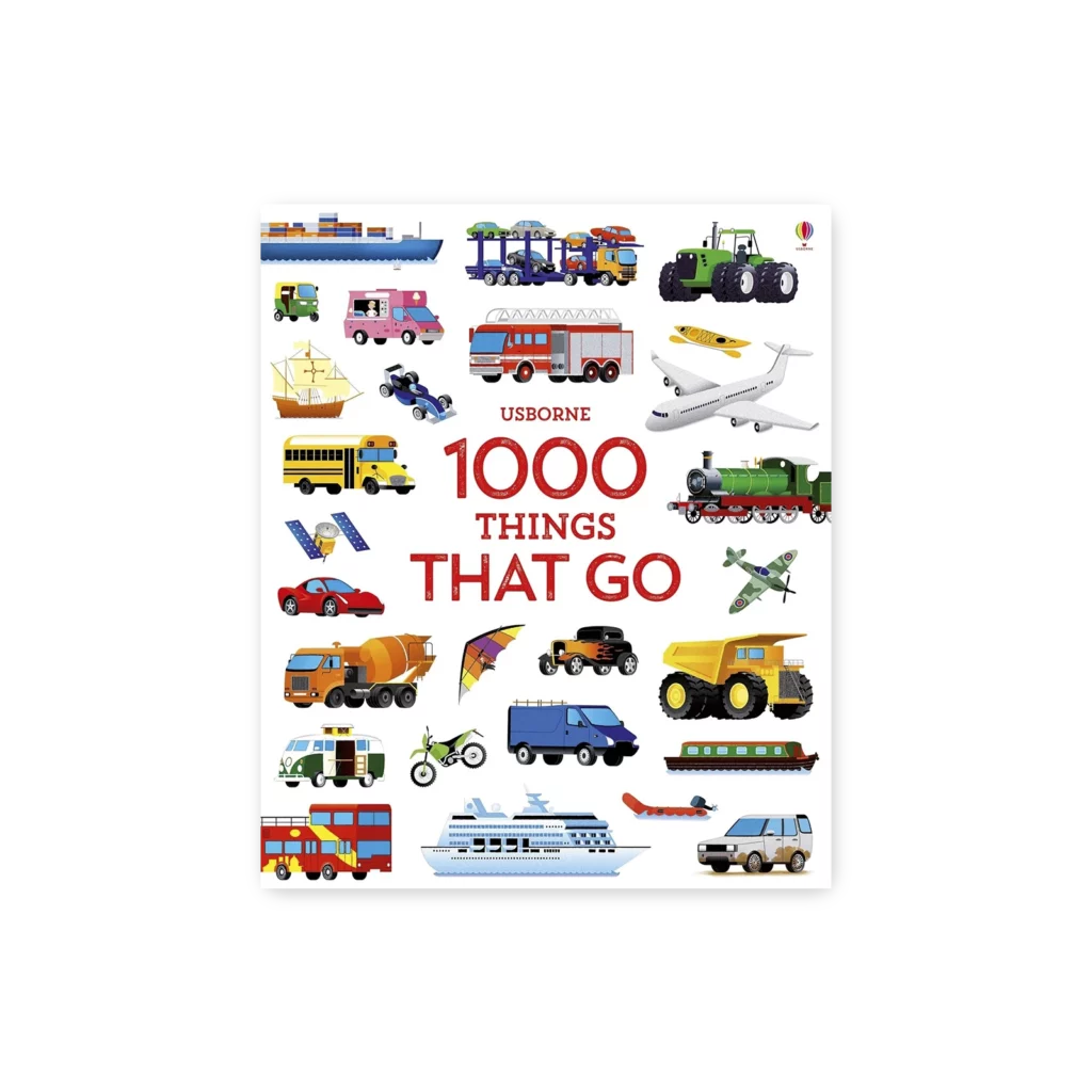 Okładka książki 1000 Things That Go z ilustracjami różnych pojazdów i środków transportu