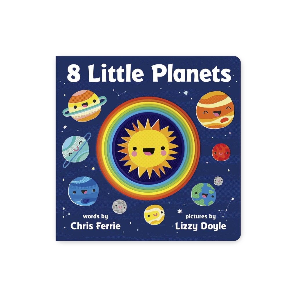 Okładka książki 8 Little Planets z kolorowymi, uśmiechniętymi planetami i słońcem na granatowym tle z gwiazdkami