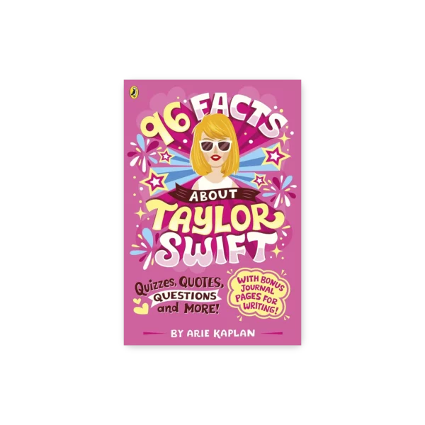Okładka książki 96 Facts About Taylor Swift z ilustracją artystki i ciekawostkami o jej życiu