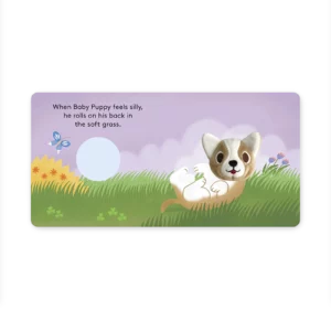 Ilustracja z wnętrza książki Baby Puppy przedstawiająca małego szczeniaka na łące