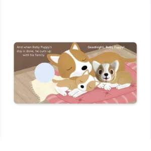 Ilustracja z wnętrza książki Baby Puppy przedstawiająca małego szczeniaka z mamą