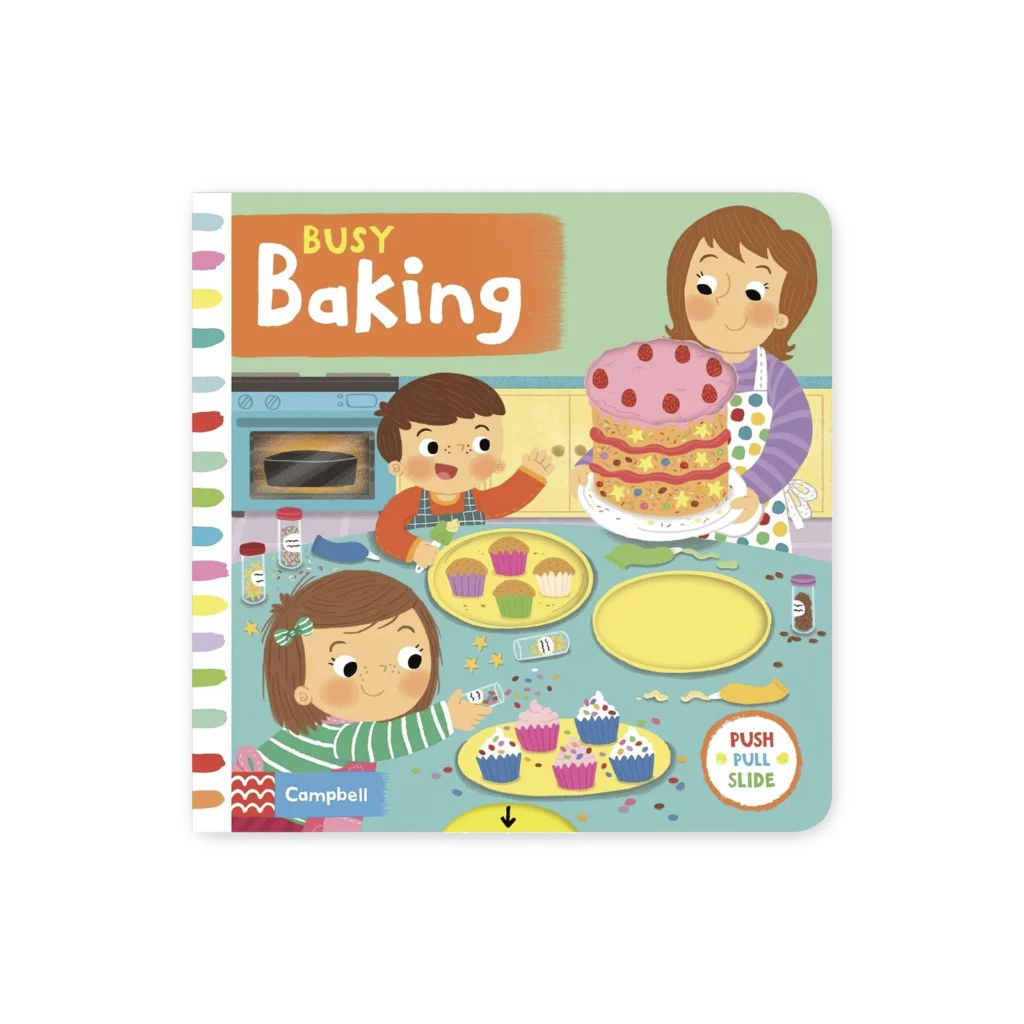 Okładka książki Busy Baking z ilustracją dzieci piekących ciasta w kuchni