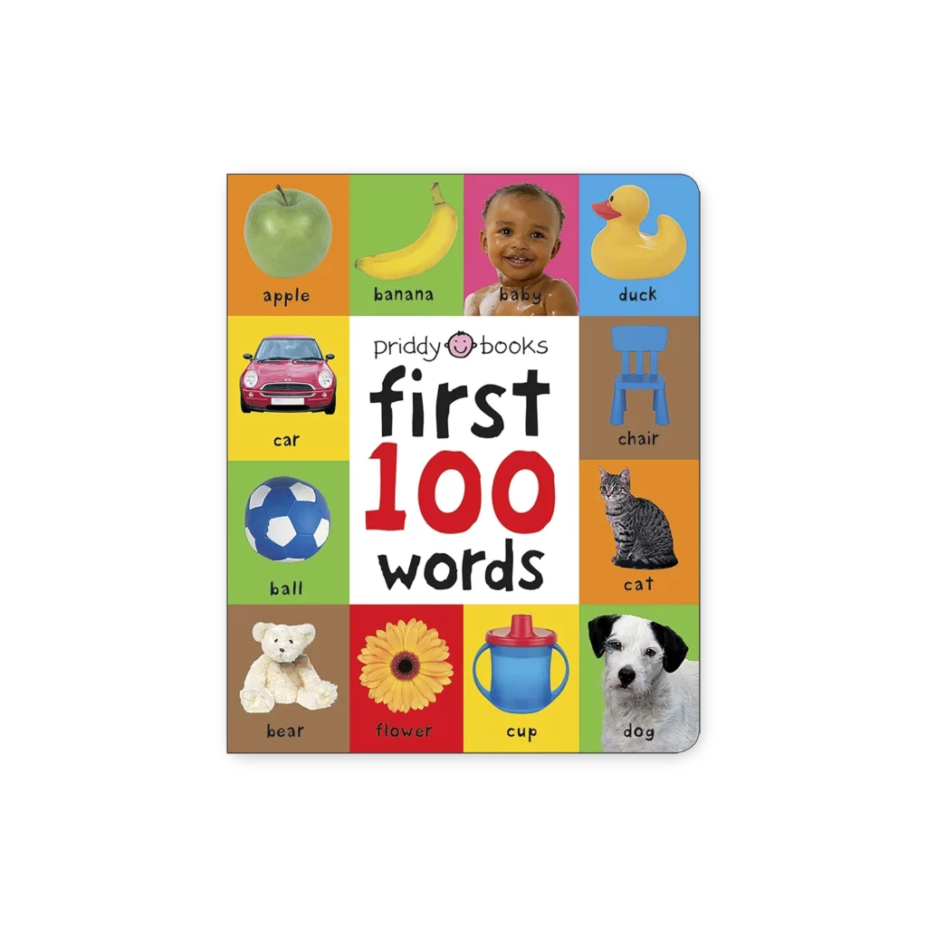 Okładka książki First 100 Words z ilustracją przedstawiającą pierwsze 100 słów z obrazkami dla dzieci