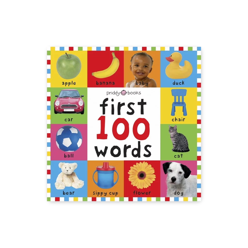 Okładka książki First 100 Words z ilustracją przedstawiającą pierwsze 100 słów z obrazkami dla dzieci