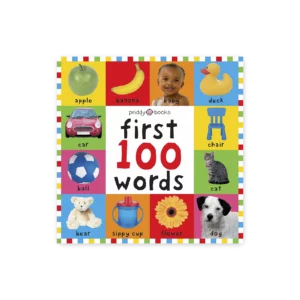 Okładka książki First 100 Words z ilustracją przedstawiającą pierwsze 100 słów z obrazkami dla dzieci