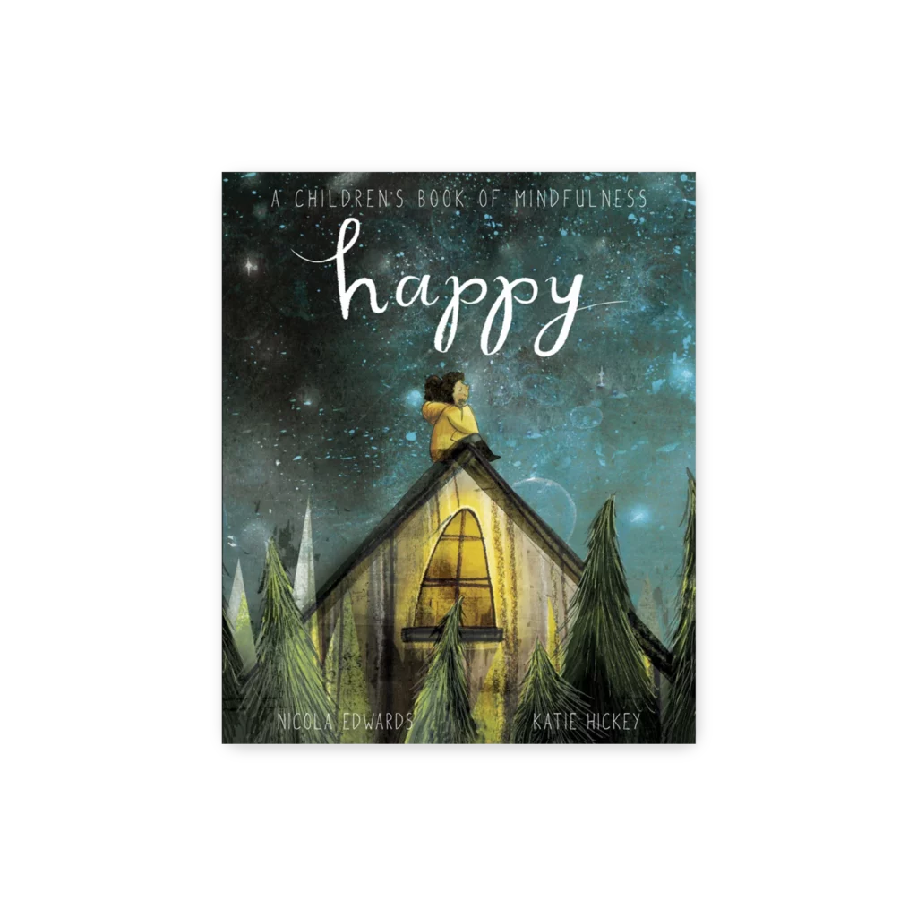 Okładka książki Happy z ilustracją przedstawiającą dzieci praktykujące uważność i spokój