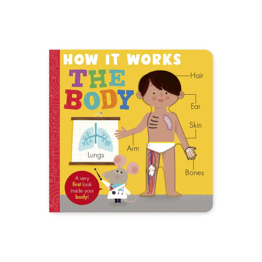 Okładka książki z ilustracją dziecka pokazującego narządy ciała oraz myszką-lekarzem wskazującą na planszę z rysunkiem płuc