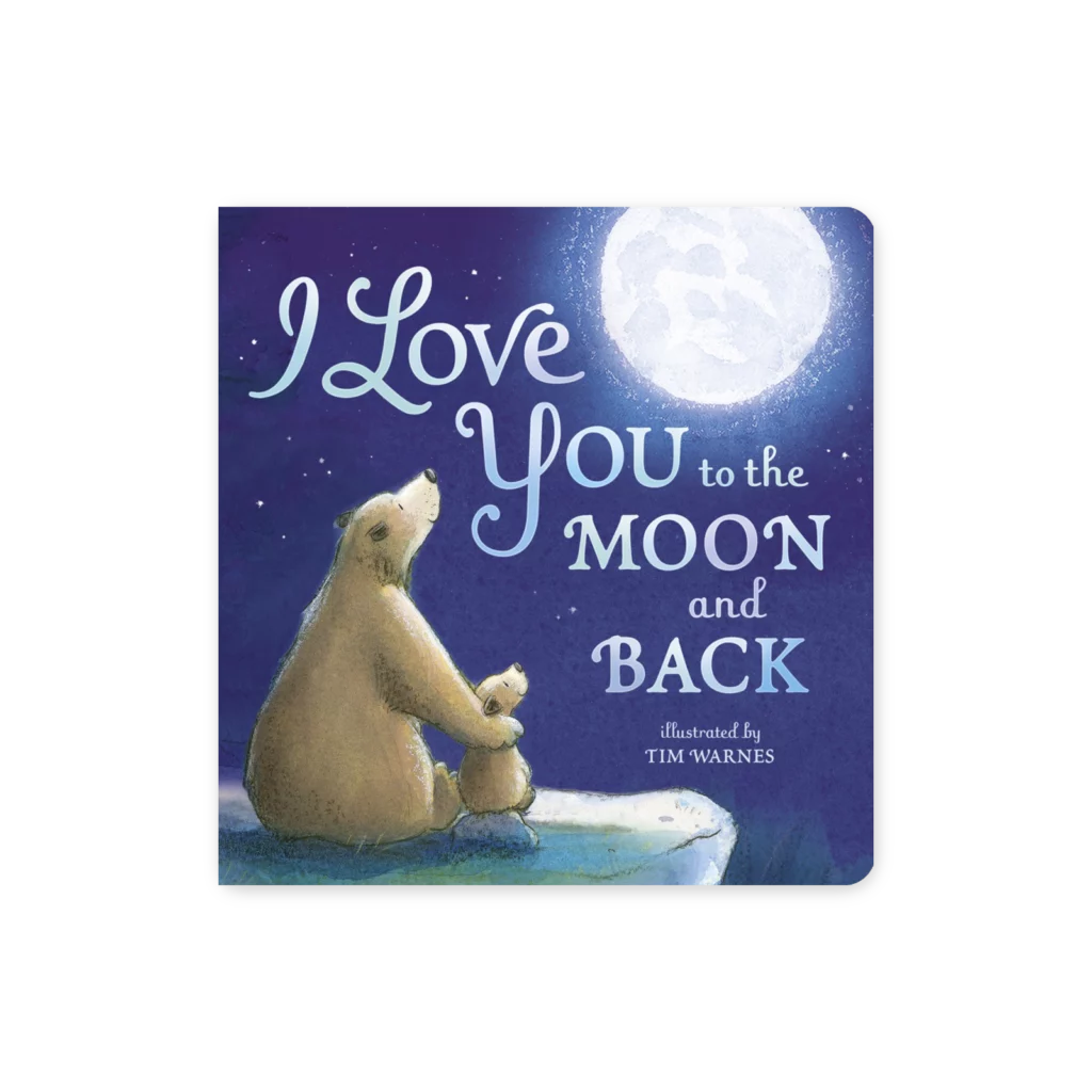 Ilustracja niedźwiedziej mamy i dziecka siedzących razem na skale pod pełnią księżyca, patrzących w niebo