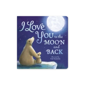 Ilustracja niedźwiedziej mamy i dziecka siedzących razem na skale pod pełnią księżyca, patrzących w niebo