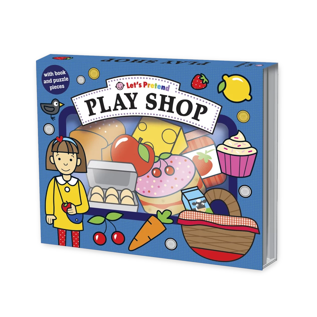 Okładka książki Let's Pretend Play Shop z ilustracją dzieci bawiących się w sklep