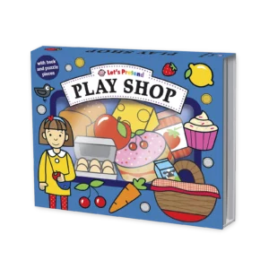 Okładka książki Let's Pretend Play Shop z ilustracją dzieci bawiących się w sklep