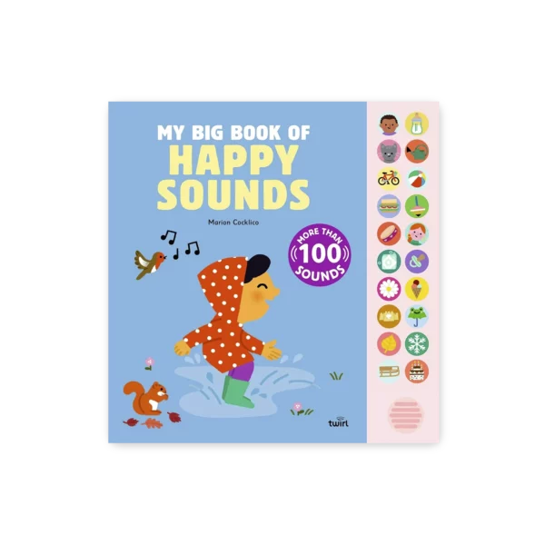 Okładka książki My Big Book of Happy Sounds z ilustracjami i przyciskami dźwiękowymi