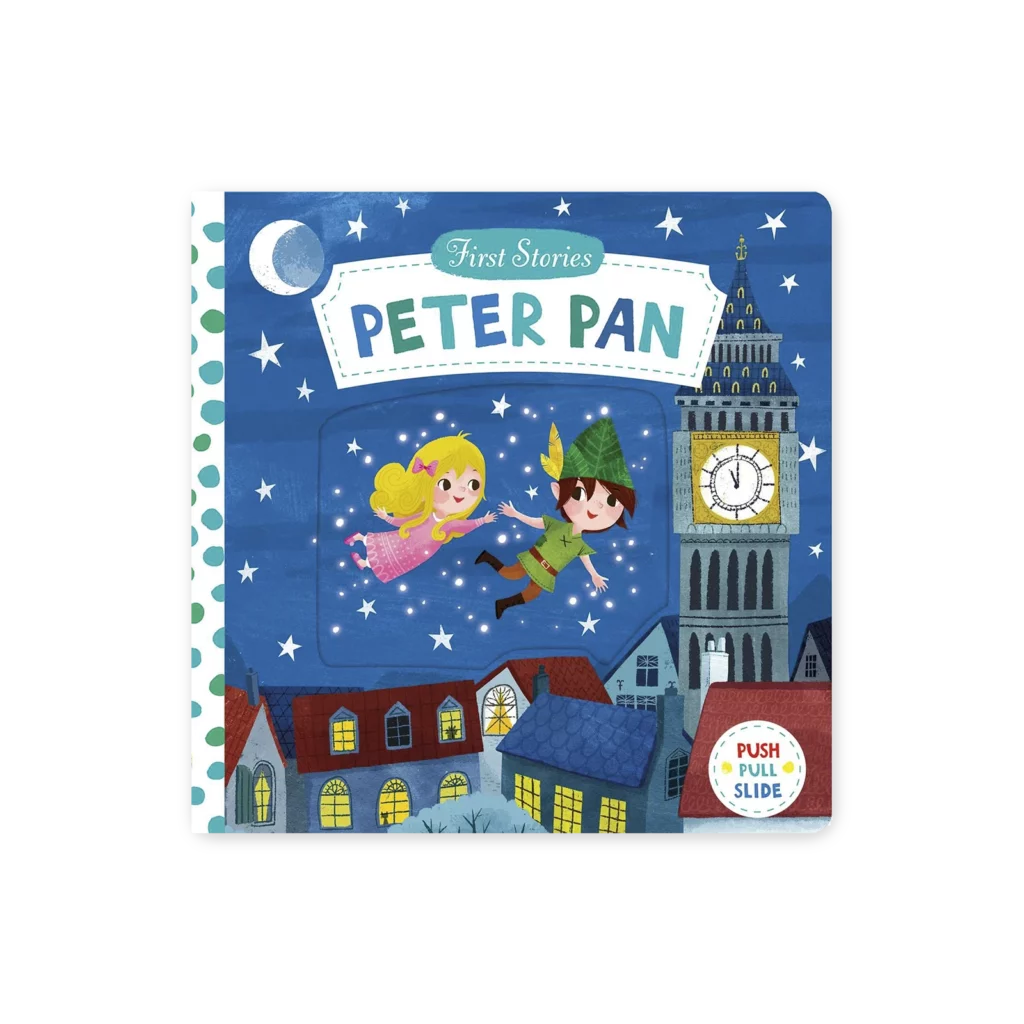 Ilustracja przedstawia Petera Pana i dziewczynkę lecących nocą nad Londynem, z Big Benem i gwiazdami w tle.