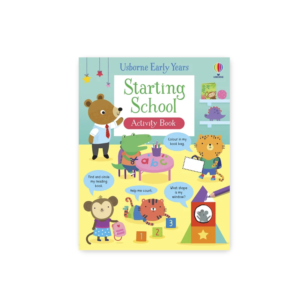 Okładka książki Starting School Activity Book z kolorową grafiką i aktywnościami dla dzieci rozpoczynających szkołę