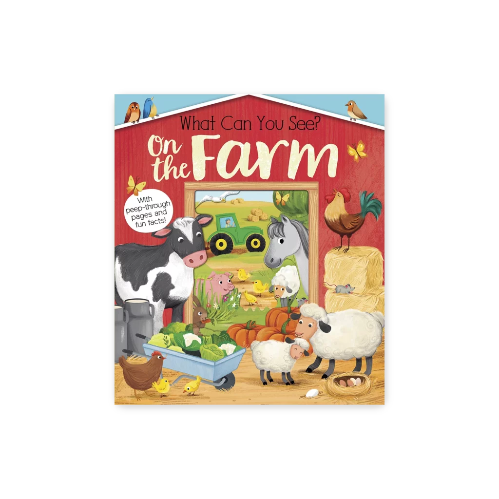 Okładka książki “What Can You See? On the Farm” przedstawiająca scenę na farmie z krową, owcami, kurami i innymi zwierzętami w stodole. W tle traktor i zbiory warzyw.