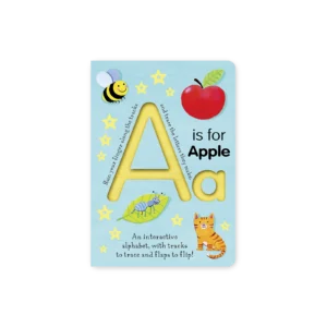 Okładka książki „A is for Apple” z dużą literą A, jabłkiem, pszczołą i kotkiem na niebieskim tle – edukacyjna książka sensoryczna