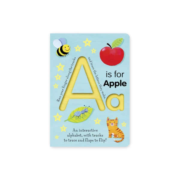 Okładka książki „A is for Apple” z dużą literą A, jabłkiem, pszczołą i kotkiem na niebieskim tle – edukacyjna książka sensoryczna