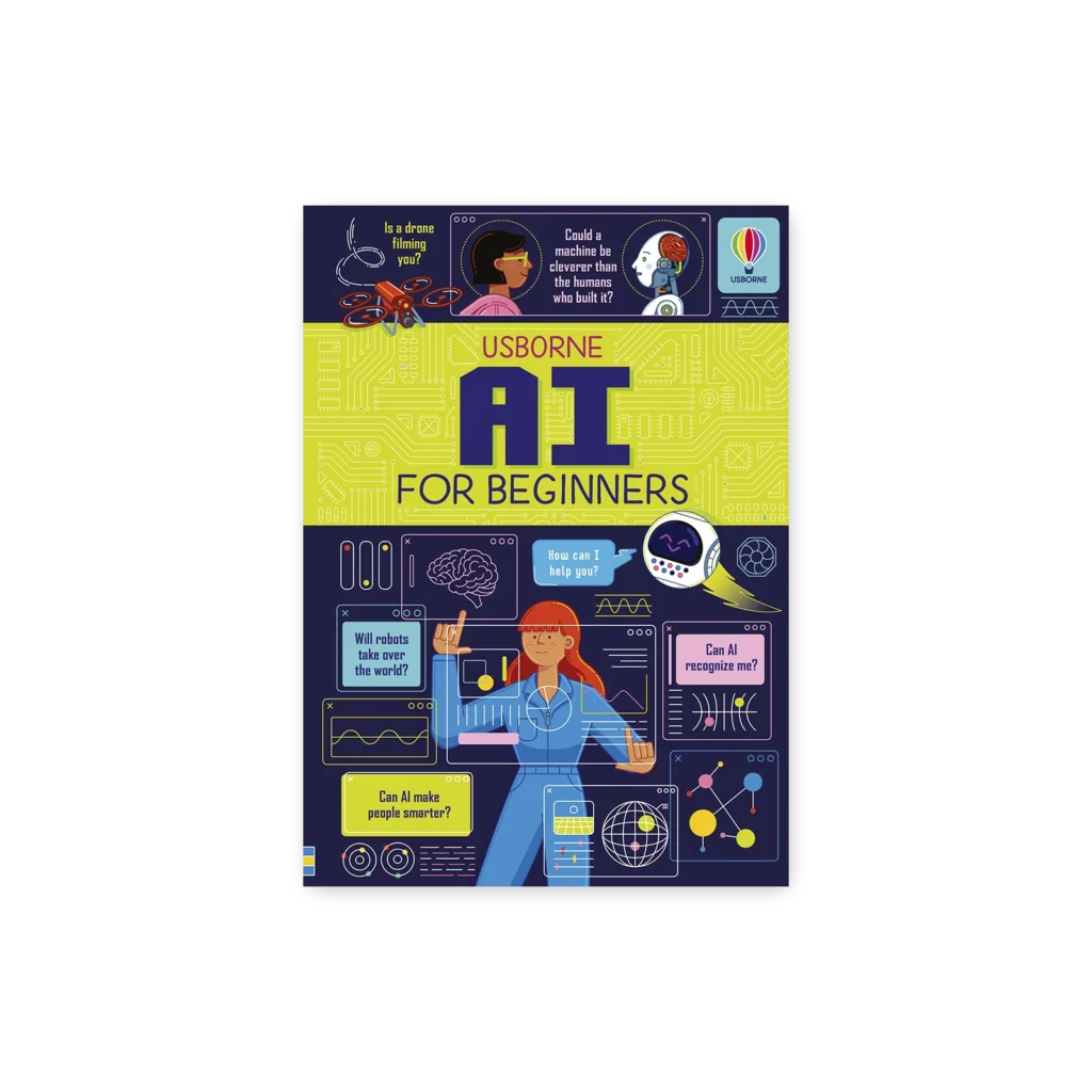 Okładka książki „AI for Beginners” przedstawiająca kobietę otoczoną ikonami sztucznej inteligencji, dronami i wykresami