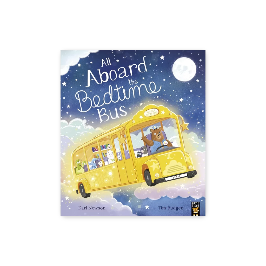 Okładka książki All Aboard the Bedtime Bus z ilustracją zwierzątek jadących autobusem na dobranoc