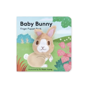 Okładka książki „Baby Bunny: Finger Puppet Book” z pluszową pacynką króliczka wystającą ze środka książeczki, na tle łąki
