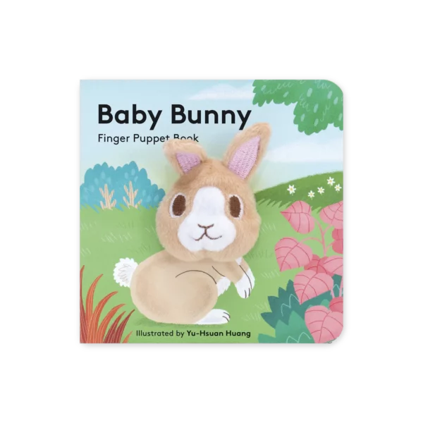 Okładka książki „Baby Bunny: Finger Puppet Book” z pluszową pacynką króliczka wystającą ze środka książeczki, na tle łąki