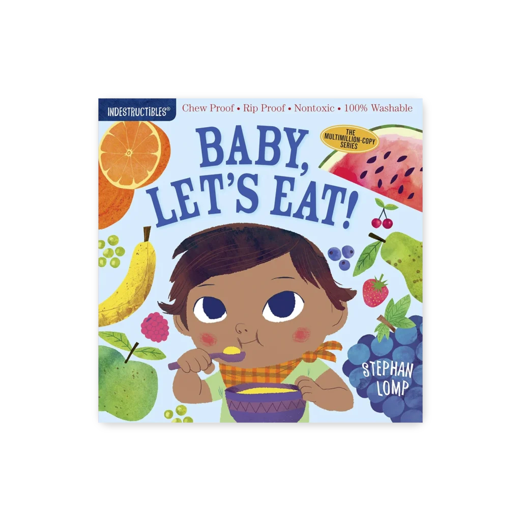 Okładka książeczki „Baby, Let’s Eat” – niemowlę jedzące z miseczki, otoczone kolorowymi owocami, w stylu ilustracyjnym