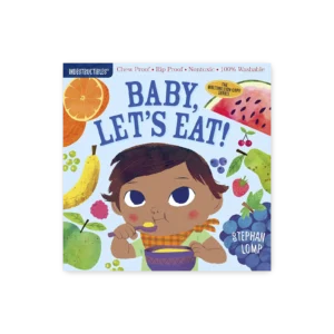 Okładka książeczki „Baby, Let’s Eat” – niemowlę jedzące z miseczki, otoczone kolorowymi owocami, w stylu ilustracyjnym