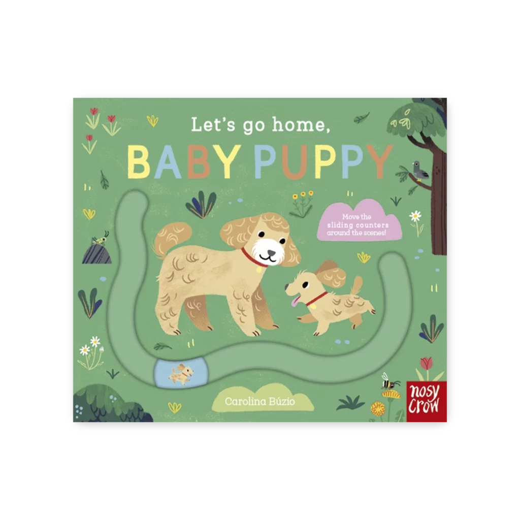 Okładka książki Baby Puppy – Let's Go Home, z ilustracją małego szczeniaka wracającego do domu