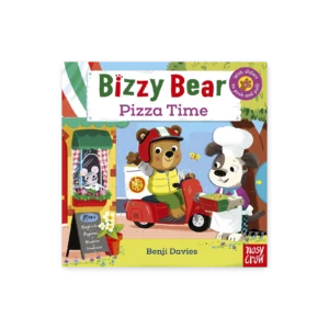 Okładka książki Bizzy Bear: Pizza Time z misiem na skuterze odbierającym pizzę od psa kucharza przed kolorową pizzerią