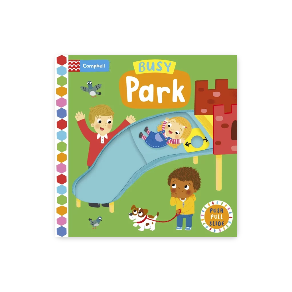 Okładka książki “Busy Park” – ruchoma książeczka z dziećmi bawiącymi się na zjeżdżalni w parku.