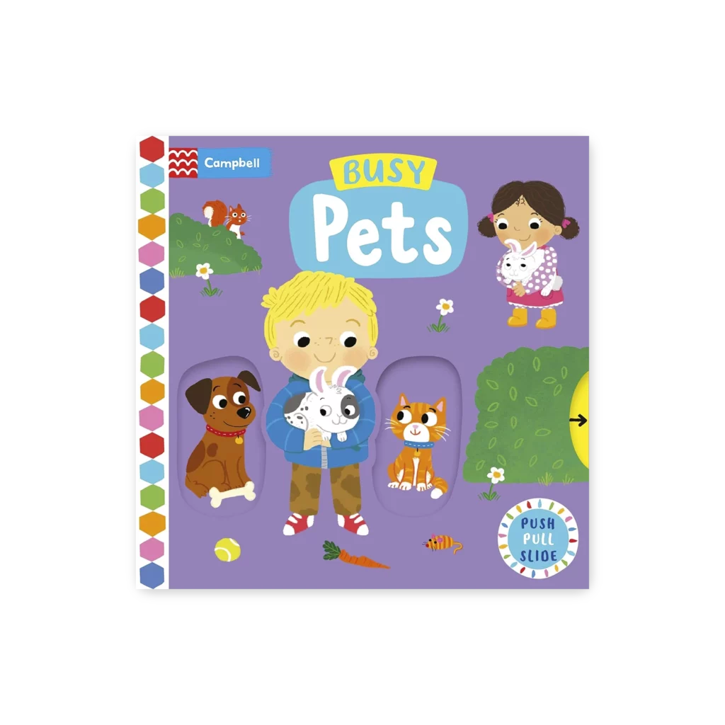 Okładka książki Busy Pets z ilustracją zabawnych zwierząt w różnych aktywnościach