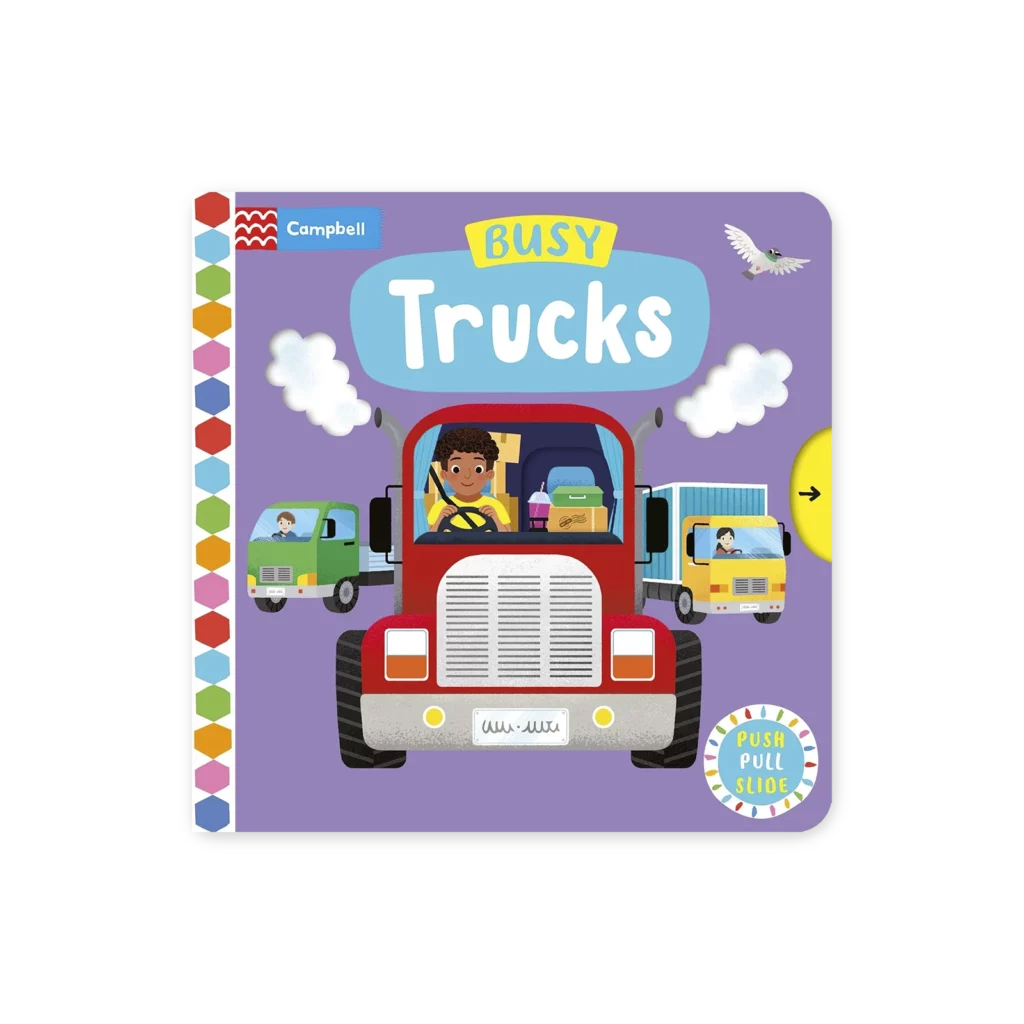 Okładka książki Busy Trucks z ilustracją różnych ciężarówek w akcji