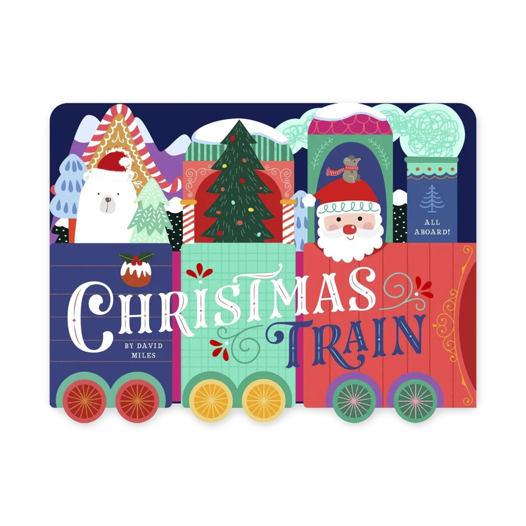 Okładka książki Christmas Train z ilustracją pociągu w zimowym, świątecznym krajobrazie