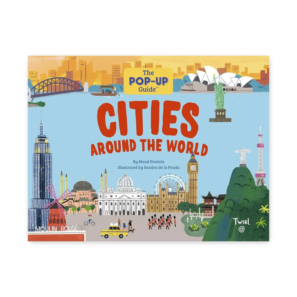 Okładka książki Cities Around the World z ilustracjami znanych budowli świata, m.in. Big Ben, Statua Wolności, Koloseum i inne.