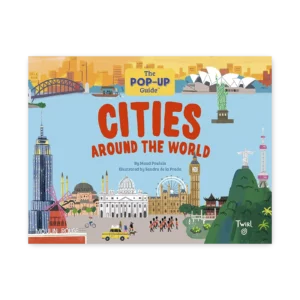 Okładka książki Cities Around the World z ilustracjami znanych budowli świata, m.in. Big Ben, Statua Wolności, Koloseum i inne.