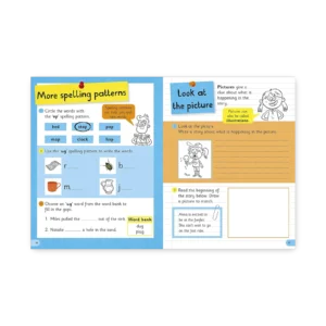 Strony z książki „Key Skills for Kids” – wzorce pisowni „op” i „ug”, ćwiczenia językowe i pisanie krótkiej historii