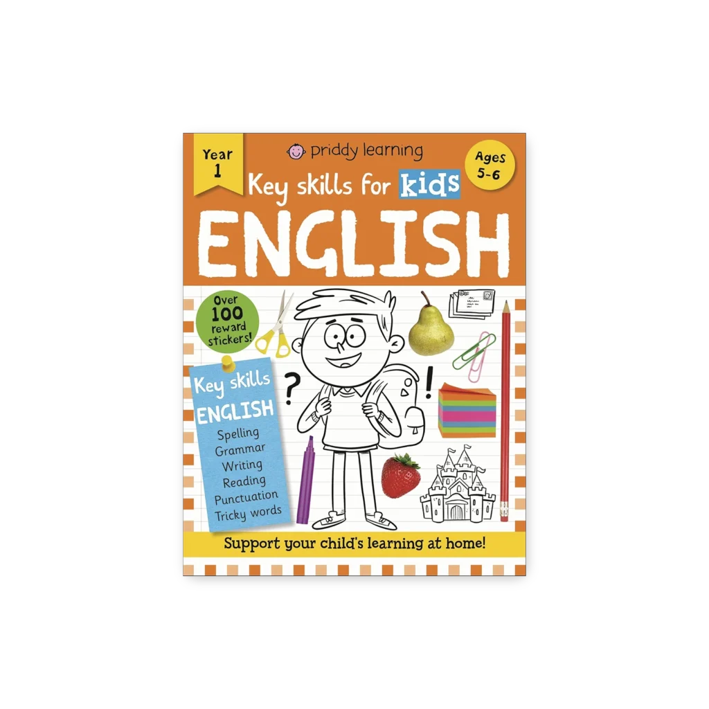 Okładka książki edukacyjnej „Key Skills for Kids: English” z rysunkową postacią chłopca, przyborami szkolnymi i naklejkami