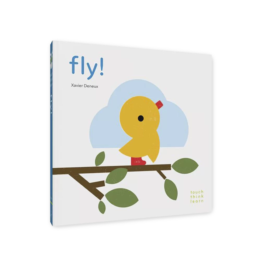 Okładka książki Fly z ilustracją ptaszka uczącego się latać, z kontrastowymi ilustracjami