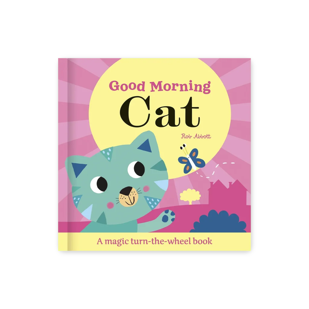 Okładka książki „Good Morning Cat” z zieloną kotką, motylkiem i pastelowym tłem – książka z ruchomym kołem dla maluchów
