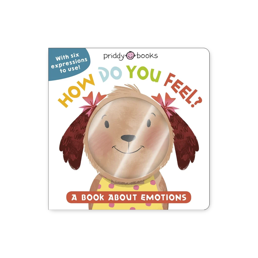 Okładka książki „How Do You Feel?” z psem o zmiennych minach – interaktywna książeczka do nauki emocji dla najmłodszych