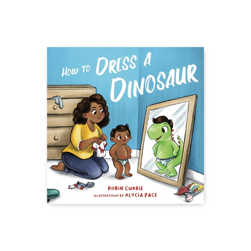 Mama pomaga dziecku się ubrać, a w lustrze chłopiec widzi siebie jako uśmiechniętego dinozaura w bieliźnie i z grzebieniem