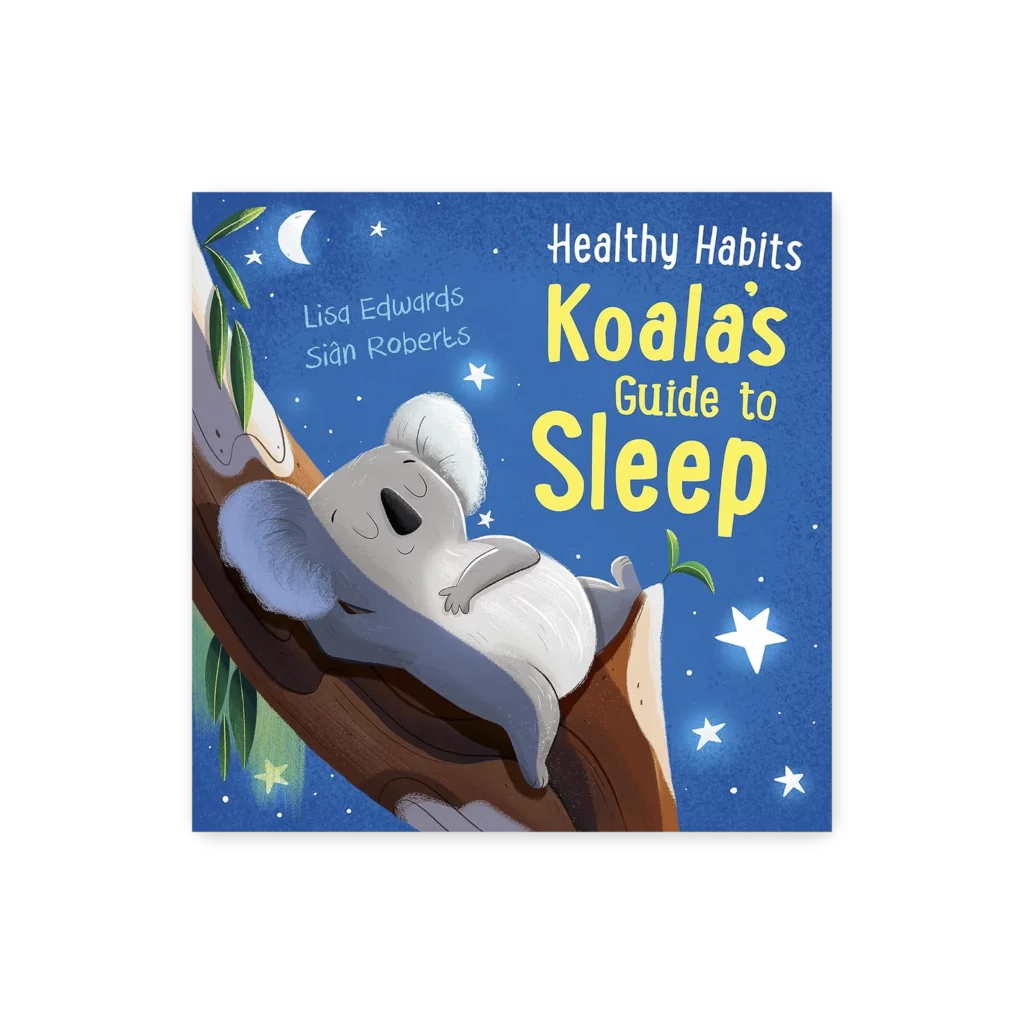 Okładka książki “Koala’s Guide to Sleep” – koala śpi na drzewie pod gwiazdami, promując zdrowy sen i odpoczynek.
