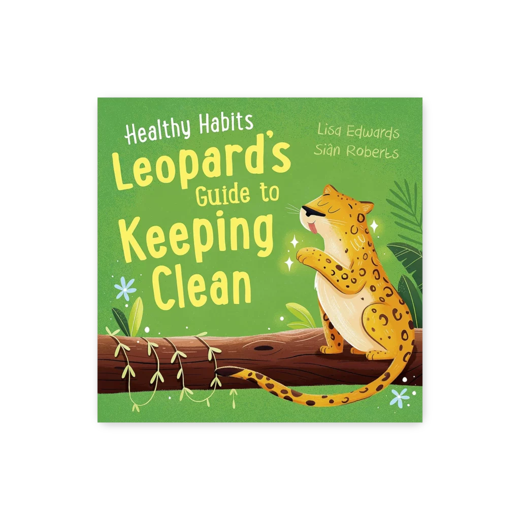 Okładka książki “Leopard’s Guide to Keeping Clean” – lampart dba o czystość w dżungli, pokazując dzieciom, jak dbać o higienę.