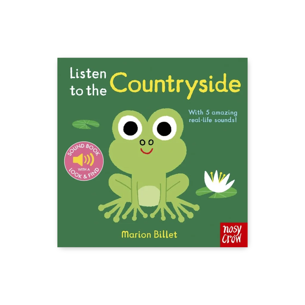 Okładka książki dźwiękowej „Listen to the Countryside” z uśmiechniętą żabką, lilią wodną i napisem „Sound book”